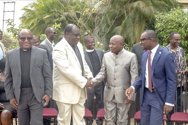 Rt Rev. Prof. Joseph Obiri Yeboah Mante (2nd left) in a handshake with Mr Kwaku Agyeman-Manu after the forum. Looking on are Mr Kennedy Osei Nyarko (right), Deputy Minister of Agriculture and Rev. Dr Godwin Nii Noi Odonkor (left), Clerk of the General Assembly, PCG. Rt Rev. Prof. Joseph Obiri Yeboah Mante (2nd left) in a handshake with Mr Kwaku Agyeman-Manu after the forum. Looking on are Mr Kennedy Osei Nyarko (right), Deputy Minister of Agriculture and Rev. Dr Godwin Nii Noi Odonkor (left), Clerk of the General Assembly, PCG.