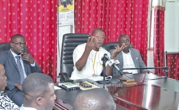  Mr Moses Maclean Abnory (left) speaking at the media briefing. With him is Prof. Victor Kweku Bondzie Micah, Pro Vice-Chancellor of TTU