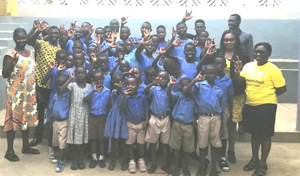 Madam Genevieve Basigha (arrowed), the Proprietress of the school, with some pupils and staff. Behind her is Mr Agyemang Prempeh, the Headmaster of the school Picture: Kwadwo Baffoe Donkor Madam Genevieve Basigha (arrowed), the Proprietress of the school, with some pupils and staff. Behind her is Mr Agyemang Prempeh, the Headmaster of the school Picture: Kwadwo Baffoe Donkor