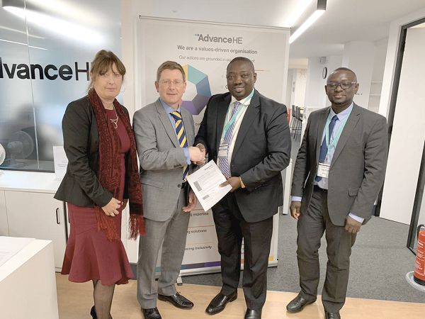 Professor Ohene Afoakwa (2nd right) in handshake with Mr Kristian Rumble. Looking on are Dr Eric Owusu-Kumih (right) and Madam Kathy Wright Professor Ohene Afoakwa (2nd right) in handshake with Mr Kristian Rumble. Looking on are Dr Eric Owusu-Kumih (right) and Madam Kathy Wright