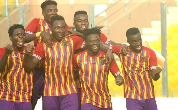 Hearts players celebrate their first win of the season. Picture: PAA KWESI GRANT Hearts players celebrate their first win of the season. Picture: PAA KWESI GRANT