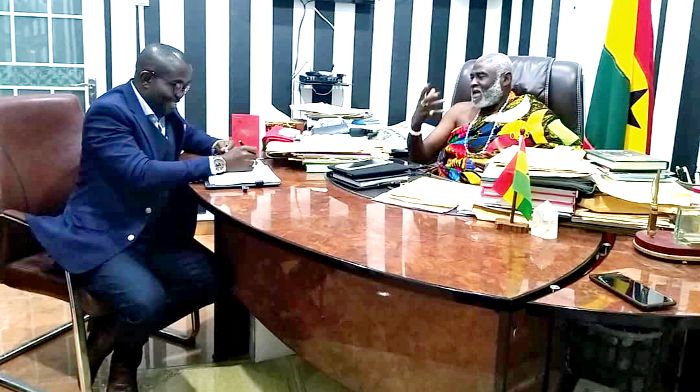 Nii Okwei Kinka Dowuona VI (right) and Mr Charles Benoni Okine, Assistant Editor, Graphic Business, during the interview at the palace