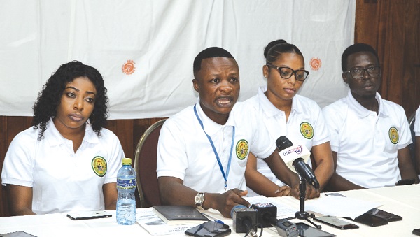 Mr Patrick Karikari Antwi (2nd left), National Convener, Teacher Trainees’ Education Analyst, addressing journalists. Picture: ESTHER ADJEI