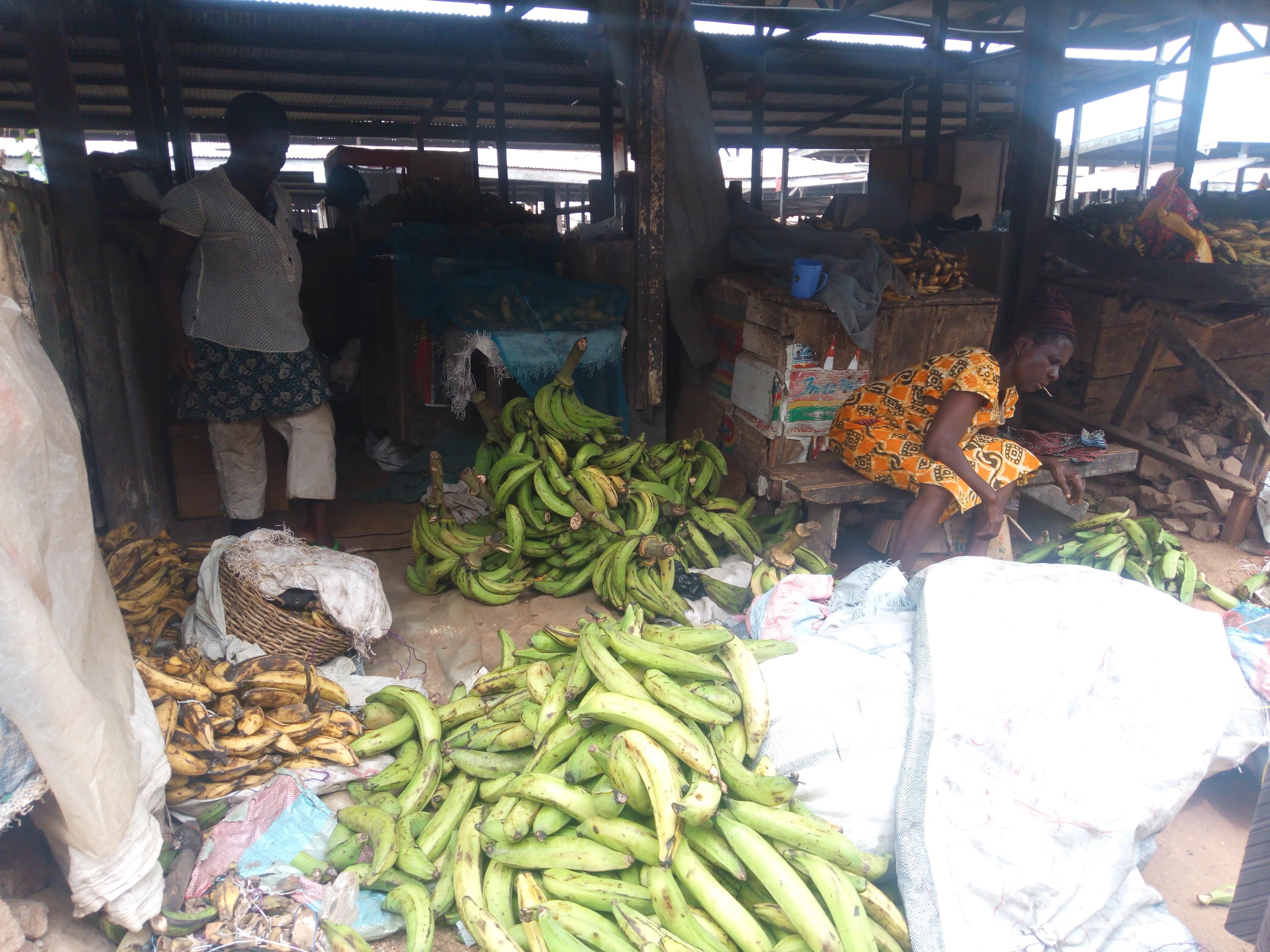 Some of the plantain sold at the market put on display and Miss Akosua Wiafewaa secretary of the plaintain sellers association of the market. Mallam Atta; The oldest market in Accra?