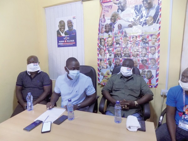 Mr Jerry Osei-Poku (middle) addressing the press. With him are Mr Walter Normuenu (left), Deputy Regional Youth Organiser) and Mr Frank Anim Bediako (right), constituency Chairman, at the news conference at Akroso. Mr Jerry Osei-Poku (middle) addressing the press. With him are Mr Walter Normuenu (left), Deputy Regional Youth Organiser) and Mr Frank Anim Bediako (right), constituency Chairman, at the news conference at Akroso.