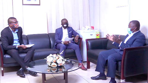 Mr Alhassan Andani (right) explaining a point to Mr Charles Benoni Okine (middle) and Mr Emmanuel Bruce during the interview Mr Alhassan Andani (right) explaining a point to Mr Charles Benoni Okine (middle) and Mr Emmanuel Bruce during the interview