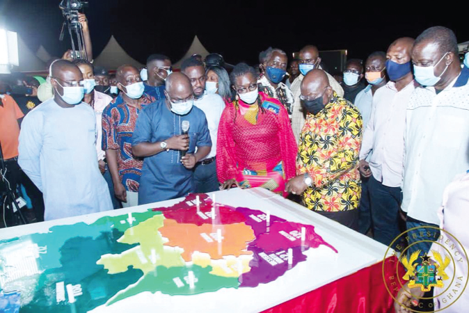President Akufo-Addo seeking clarification on the project. Those looking on include Mrs Ursula Owusu Ekuful (4th left), the Minister of Communications President Akufo-Addo seeking clarification on the project. Those looking on include Mrs Ursula Owusu Ekuful (4th left), the Minister of Communications