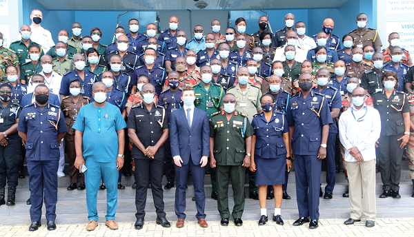 COP Dr George Akuffo Dampare (3rd left), Director General, Administration of the Ghana Police Service, with Mr Moritz Fischer (4th left), Representative of German Ambassador to Ghana, and Major General Francis Ofori-Atta (4th right), Commandant of KAIPTC, and some other officers at the opening ceremony of electoral violence and security course in Accra. Picture: ESTHER ADJEI COP Dr George Akuffo Dampare (3rd left), Director General, Administration of the Ghana Police Service, with Mr Moritz Fischer (4th left), Representative of German Ambassador to Ghana, and Major General Francis Ofori-Atta (4th right), Commandant of KAIPTC, and some other officers at the opening ceremony of electoral violence and security course in Accra. Picture: ESTHER ADJEI