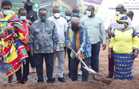 • President Nana Addo Dankwa Akufo-Addo (with spade) cutting the sod to begin the construction of the recycling compost plant at Fiaso, near Techiman • President Nana Addo Dankwa Akufo-Addo (with spade) cutting the sod to begin the construction of the recycling compost plant at Fiaso, near Techiman