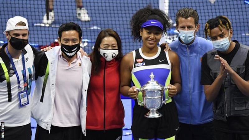 Naomi Osaka celebrated her second US Open win with her team and boyfriend Cordae (on the far right) US Open 2020: Naomi Osaka says self-reflection during quarantine helped her win