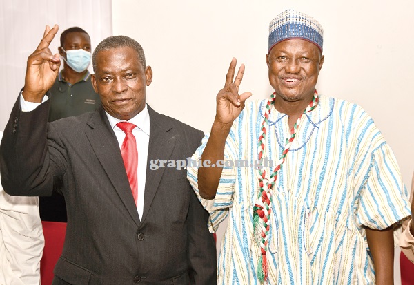Moses Dani Baah (left) and David Apasera after they were declared chairman and flag bearer respectively. Picture: EBOW HANSON Moses Dani Baah (left) and David Apasera after they were declared chairman and flag bearer respectively. Picture: EBOW HANSON