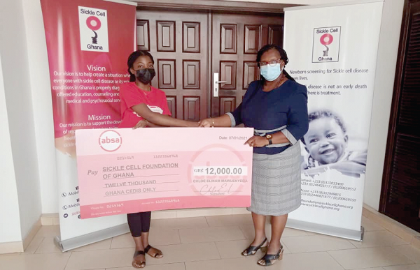 Ms Chloe Elinam Mawuenyega (left), presenting the dummy cheque to Mrs Gifty Jecty, the Business Manager of the Sickle Cell Foundation Ms Chloe Elinam Mawuenyega (left), presenting the dummy cheque to Mrs Gifty Jecty, the Business Manager of the Sickle Cell Foundation