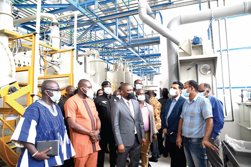 Nana Akwasi Awuah (2nd left), acting Managing Director of the PMMC conducting Mr George Mireku Duker (4th left), Deputy Minister of Lands and Natural Resources, round the Royal Gold Ghana facility in Accra. Picture: EMMANUEL QUAYE Nana Akwasi Awuah (2nd left), acting Managing Director of the PMMC conducting Mr George Mireku Duker (4th left), Deputy Minister of Lands and Natural Resources, round the Royal Gold Ghana facility in Accra. Picture: EMMANUEL QUAYE