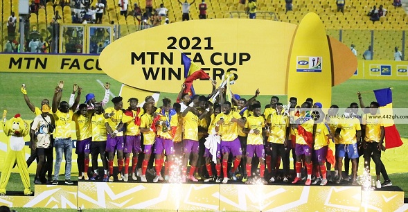 Hearts of Oak players celebrating their 11th FA Cup win