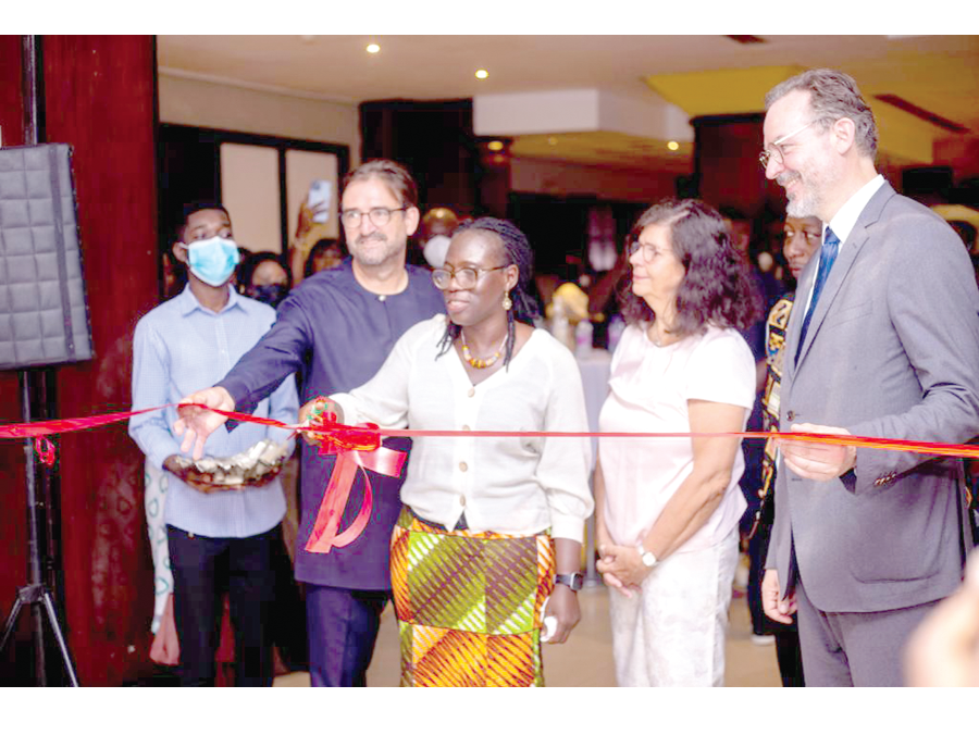 Stella Ansah (3rd right), Team Lead, MSME Division, Ministry of Trade and Industry assisted by Daniel Jrull (right), German Ambassador to Ghana, Mathias Afting (1st right), MD, COGNOS International at the opening of the expo Made-in-Ghana expo close with 60 exhibitors