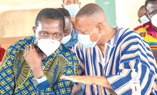 Dr Yaw Osei Adutwum (left) having a chat with Mr Aikens Addai-Poku, Bosomtwe Constituency Chairman of the NPP, during the delegates conference Dr Yaw Osei Adutwum (left) having a chat with Mr Aikens Addai-Poku, Bosomtwe Constituency Chairman of the NPP, during the delegates conference