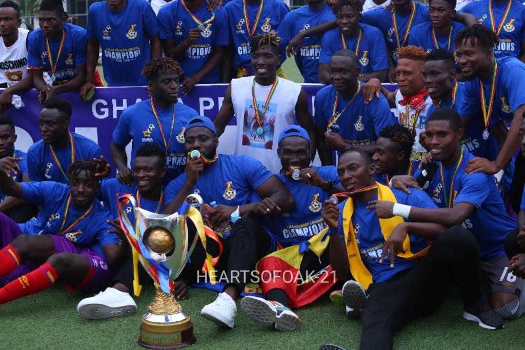 Players of Accra Hearts of Oak displaying the league trophy after their coronation Players of Accra Hearts of Oak displaying the league trophy after their coronation