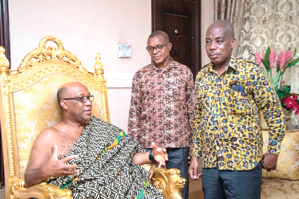 Prof. Frederick Sarfo (right), Vice-Chancellor of AAMUSTED, and Prof. James Kwagya-Agyemang (middle), Ag. Pro-Vice-Chancellor, interacting with Nana Antwi Agyei Brempong II, Atwimahene. Prof. Frederick Sarfo (right), Vice-Chancellor of AAMUSTED, and Prof. James Kwagya-Agyemang (middle), Ag. Pro-Vice-Chancellor, interacting with Nana Antwi Agyei Brempong II, Atwimahene.