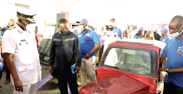 Vice-Admiral Seth Amoama (left), the Chief of the Defence Staff, and Dr Vladimir Antwi Danso (2nd left), Dean of the Ghana Armed Forces Command and Staff College, examining some of the vehicles displayed at the event Vice-Admiral Seth Amoama (left), the Chief of the Defence Staff, and Dr Vladimir Antwi Danso (2nd left), Dean of the Ghana Armed Forces Command and Staff College, examining some of the vehicles displayed at the event