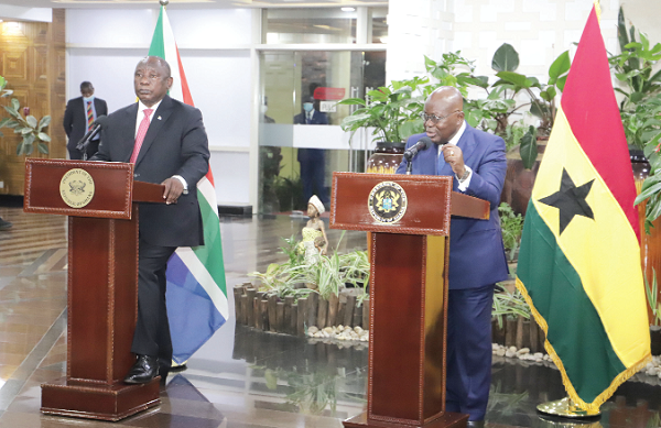 President Akufo-Addo (right) and President Cyril Ramaphosa of South Africa addressing the press at the Jubilee House. Picture: SAMUEL TEI ADANO President Akufo-Addo (right) and President Cyril Ramaphosa of South Africa addressing the press at the Jubilee House. Picture: SAMUEL TEI ADANO