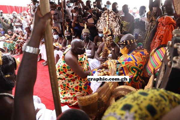 Asantehene, Otumfuo Osei Tutu II (seated) welcoming Vice President Dr Mahamudu Bawumia(in Kente cloth) to the Akwasidaekese, held at the fore court of the Manhyia Palace in Kumasi. VP Bawumia, wife join Asantehene to mark Akwasidae