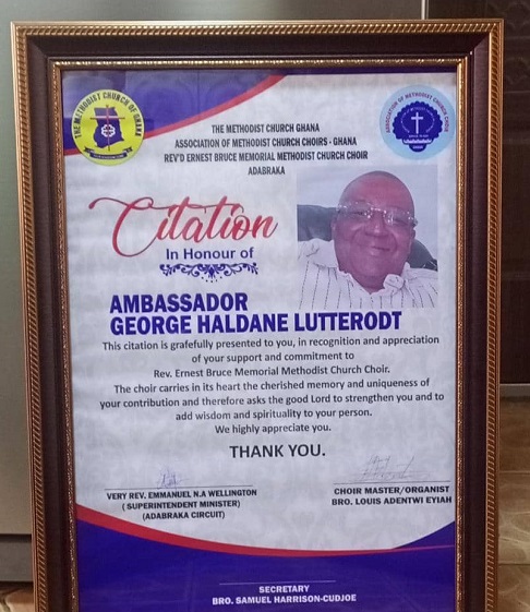 A portrait of the citation presented to Ambassador Lutterodt by the Methodist Church Methodist Church honours Ambassador Lutterodt