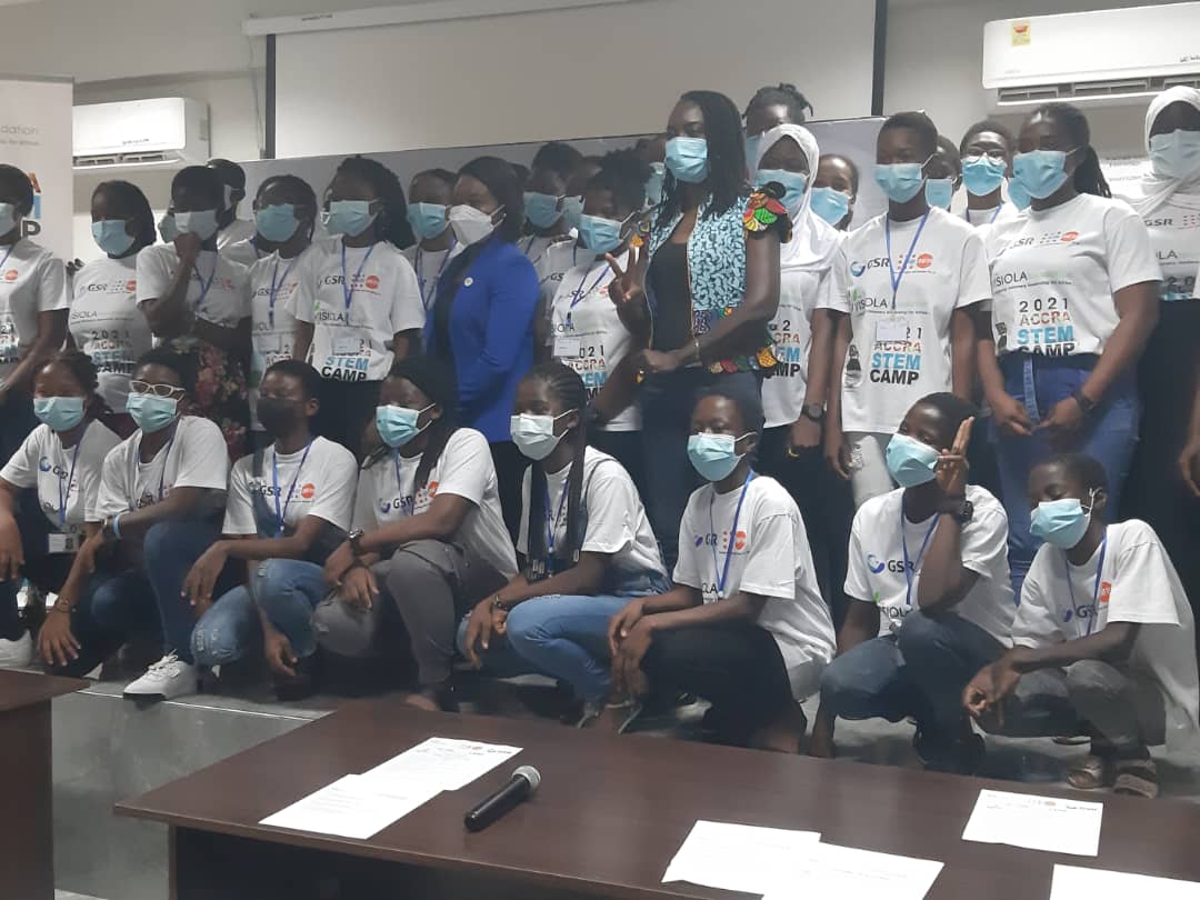 The girls in a group picture at the closing ceremony. With them are Mrs Adjoa Nenyi of UNFPA and Mrs Lade Araba, co-founder of Visiola Foundation. 40 girls complete STEM camp in Accra