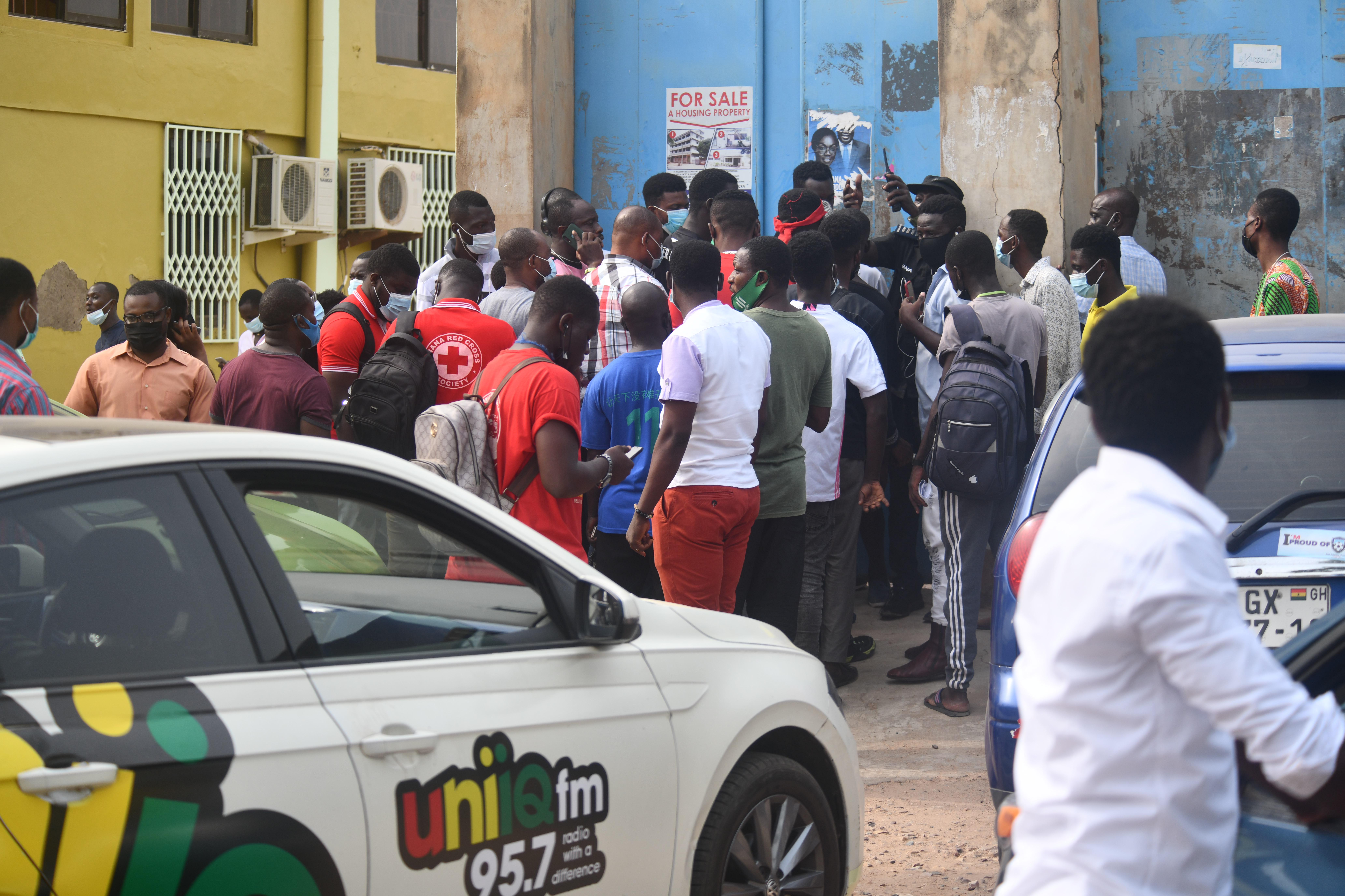 Some of the Sports journalists stranded at the entrance of the Carl Reindolf stadium during the match between city rivals, Liberty Professionals and Accra Hearts of Oak. Media denied access to Carl Reindorf Park