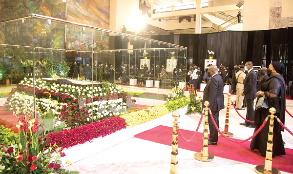 • President Akufo-Addo and wife Rebecca, filing past the body of the former President. Pictures: EBOW HANSON & SAMUEL TEI ADANO President Akufo-Addo, other dignitaries pay respects to J.J. Rawlings