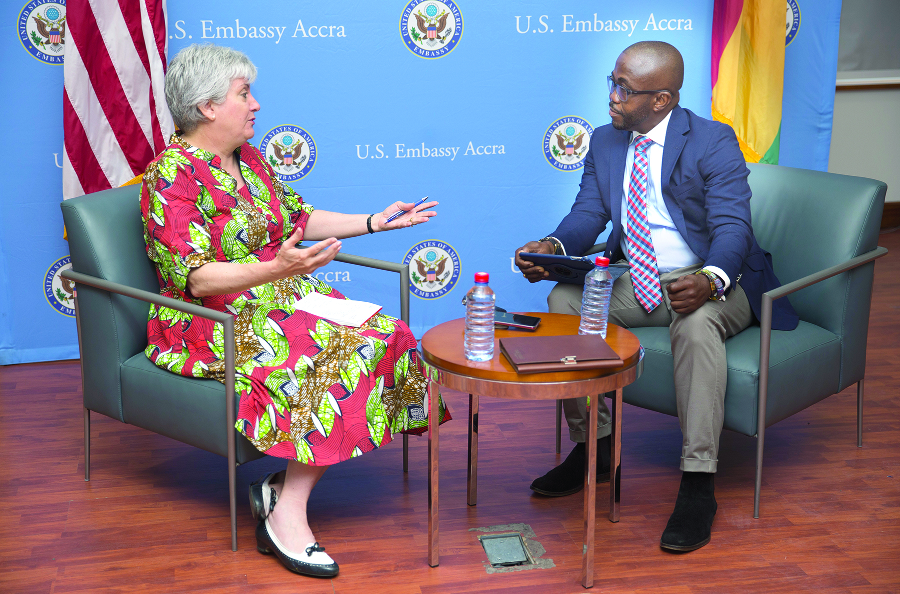FLASHBACK: Mrs Stephanie Sullivan (left) answering questions from Mr Charles Benoni Okine two years ago FLASHBACK: Mrs Stephanie Sullivan (left) answering questions from Mr Charles Benoni Okine two years ago