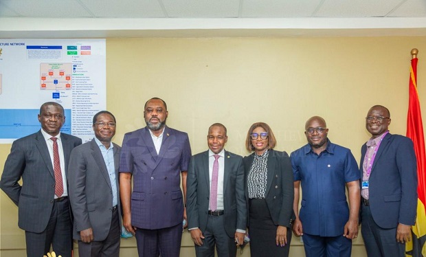 From left to right: Benjamin Kwame Asante, Director Petroleum (MoEn); Mr Ablodun Durosimi-Etti, N-Gas; Dr. Matthew Opoku Prempeh, Minister for Energy; Mr Aliyu R. Aminu, Dir. Gen. N-Gas, Olutoyin Adebayo, N-Gas; Andrew Mercer, Deputy Minister of Energy, Emmanuel Antwi-Darko, CEO, VRA.