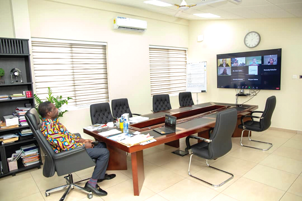 • Dr Yaw Osei Adutwum, Education Minister, addressing the High Level Advisory Group virtually from his office • Dr Yaw Osei Adutwum, Education Minister, addressing the High Level Advisory Group virtually from his office