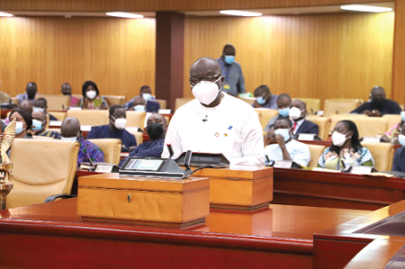Mr Ken Ofori-Atta, the Minister of Finance, presenting the Mid-year budget to Parliament in Accra. Picture: GABRIEL AHIABOR Mr Ken Ofori-Atta, the Minister of Finance, presenting the Mid-year budget to Parliament in Accra. Picture: GABRIEL AHIABOR