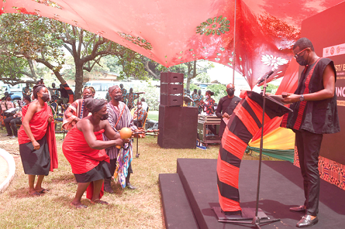 Mr Mark Okraku Mantey( right), Deputy Minister of Tourism, Arts and Culture being welcomed with a cultural performance before he delivers his speech Mr Mark Okraku Mantey( right), Deputy Minister of Tourism, Arts and Culture being welcomed with a cultural performance before he delivers his speech