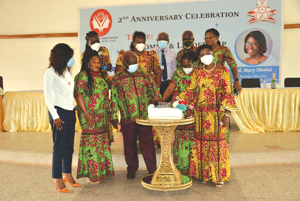 Prof. Mary Boadu (right), President of the Ghana Atomic Energy Commission Ladies Association, cutting the anniversary cake with Prof. Mary Obodai (2nd right), former Director of CSIR-FRI and Prof. Benjamin J. Botwe Nyarko (3rd right) , Director-General of the Ghana Atomic Energy Commission. With them are executives of the association. Picture: ALBERTA MORTTY Prof. Mary Boadu (right), President of the Ghana Atomic Energy Commission Ladies Association, cutting the anniversary cake with Prof. Mary Obodai (2nd right), former Director of CSIR-FRI and Prof. Benjamin J. Botwe Nyarko (3rd right) , Director-General of the Ghana Atomic Energy Commission. With them are executives of the association. Picture: ALBERTA MORTTY