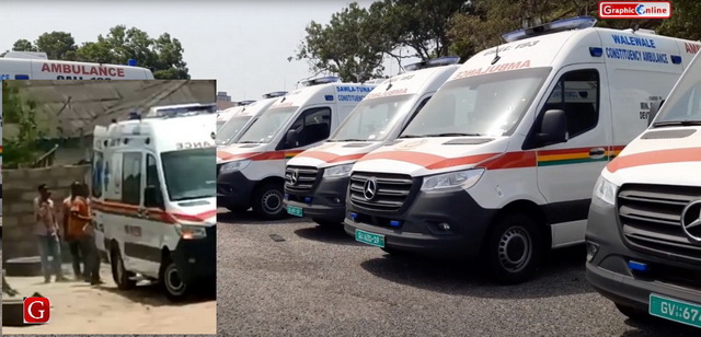 Photo: The Ambulances being branded ahead of distribution a year-and-half ago, while inset: the ambulance being used to cart bags of cement Photo: The Ambulances being branded ahead of distribution a year-and-half ago, while inset: the ambulance being used to cart bags of cement