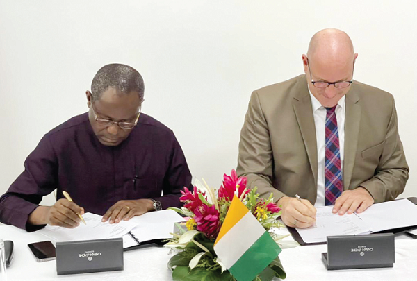 Mr Joseph Boahen Aidoo (left), CEO, COCOBOD, and Mr Heiko Feuring, the President of Buhler for the Middle East and Africa, signing the memorandum of understanding to process more cocoa in Abidjan, Cote d’Ivoire Mr Joseph Boahen Aidoo (left), CEO, COCOBOD, and Mr Heiko Feuring, the President of Buhler for the Middle East and Africa, signing the memorandum of understanding to process more cocoa in Abidjan, Cote d’Ivoire