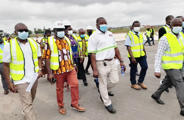 Mr Kwaku Ofori Asiamah (2nd left), Minister of Transport, being led by officials of the Ghana Airports Company to inspect the ongoing rehabilitation of the runway of the Sunyani Airport Mr Kwaku Ofori Asiamah (2nd left), Minister of Transport, being led by officials of the Ghana Airports Company to inspect the ongoing rehabilitation of the runway of the Sunyani Airport
