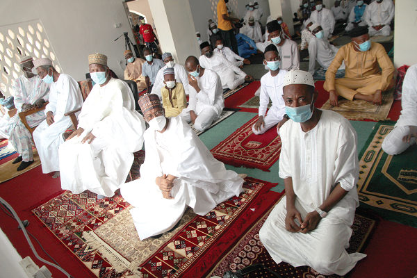 Alhaji Maulvi Mohammed Bin Salih (inset), the Ameer and Missionary in Charge of the Ahmadiyya Muslim Mission, Ghana, addressing Ahmadis at the end of the fast. Picture: ESTHER ADJEI
