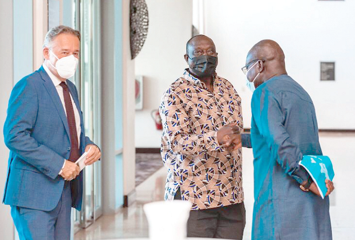 Prof. Alex Dodoo (right), Director-General of GSA exchanging pleasantries with Mr Alan Kyerematen, Minister of Trade and Industry, while Mr Christoph Retzlaff, the German Ambassador to Ghana, looks on Prof. Alex Dodoo (right), Director-General of GSA exchanging pleasantries with Mr Alan Kyerematen, Minister of Trade and Industry, while Mr Christoph Retzlaff, the German Ambassador to Ghana, looks on