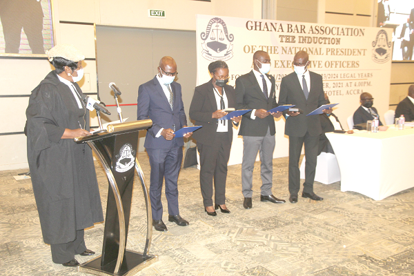 Her Lordship Sophia Rosetta Bernasko-Essah (left), a Justice of the Court of Appeal, administering the oath of secrecy to the new executive of the Ghana Bar Association. Picture: ESTHER ADJEI Her Lordship Sophia Rosetta Bernasko-Essah (left), a Justice of the Court of Appeal, administering the oath of secrecy to the new executive of the Ghana Bar Association. Picture: ESTHER ADJEI