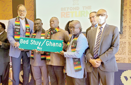 Mr Robert E. Cornergy Jr. (left), Chairman, New York City Council, Democratic Conference, making a symbolic presentation to Dr Ibrahim Mohammed Awal (3rd from left), the Minister of Tourism, Arts and Culture, and Mr Akwasi Agyeman (2nd from right), CEO, Ghana Tourism Authority Mr Robert E. Cornergy Jr. (left), Chairman, New York City Council, Democratic Conference, making a symbolic presentation to Dr Ibrahim Mohammed Awal (3rd from left), the Minister of Tourism, Arts and Culture, and Mr Akwasi Agyeman (2nd from right), CEO, Ghana Tourism Authority