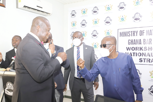 Mr Albert Kan-Dapaah (right), Minister of National Security, exchanging pleasantries with Mr Anthony Forson Jnr (left), a former President of the Ghana Bar Association after the workshop in Accra. Looking on is Mr Yaw Acheampong Boafo (2nd right), the President of the Ghana Bar Association. Picture: GABRIEL AHIABOR Mr Albert Kan-Dapaah (right), Minister of National Security, exchanging pleasantries with Mr Anthony Forson Jnr (left), a former President of the Ghana Bar Association after the workshop in Accra. Looking on is Mr Yaw Acheampong Boafo (2nd right), the President of the Ghana Bar Association. Picture: GABRIEL AHIABOR