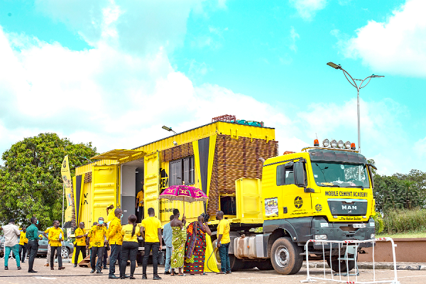 Ehunabobrim Prah Agyensaim VI, Chairman of the Ghacem Cement Foundation, commissioning the mobile cement user training facility Ehunabobrim Prah Agyensaim VI, Chairman of the Ghacem Cement Foundation, commissioning the mobile cement user training facility