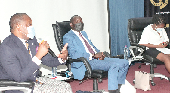 Dr. Justice Srem-Sai (left), Constitutional Rights Lawyer and lecturer, GIMPA Law School, making some remarks at the forum. With him are Mr. Lamtiig Apanga (middle), private legal practitioner, and Ms. Beatrice Annan, also a private legal practitioner. Picture: Maxwell Ocloo Dr. Justice Srem-Sai (left), Constitutional Rights Lawyer and lecturer, GIMPA Law School, making some remarks at the forum. With him are Mr. Lamtiig Apanga (middle), private legal practitioner, and Ms. Beatrice Annan, also a private legal practitioner. Picture: Maxwell Ocloo