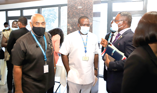 Mr Steve Gyeremeh Atuahene (right), Director-General of the Ghana Aids Commission, interacting with Mr Sam Nartey George (middle), MP for Ningo-Prampam, and Mr Charles Abani, the UN Resident Coordinator in Ghana, at the public hearing in Accra. Picture: GABRIEL AHIABOR Mr Steve Gyeremeh Atuahene (right), Director-General of the Ghana Aids Commission, interacting with Mr Sam Nartey George (middle), MP for Ningo-Prampam, and Mr Charles Abani, the UN Resident Coordinator in Ghana, at the public hearing in Accra. Picture: GABRIEL AHIABOR