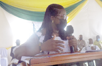 Mrs. Bernadette Addo-Dankwa, Chairperson of the South Birim Rural Bank, addressing the AGM Mrs. Bernadette Addo-Dankwa, Chairperson of the South Birim Rural Bank, addressing the AGM