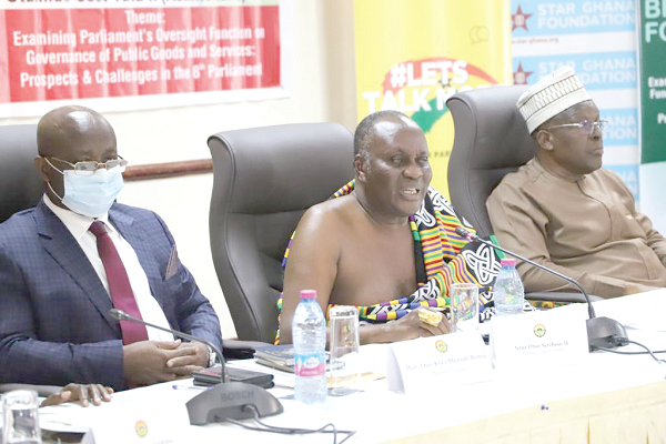 Nana Otuo Siriboe, speaking at the forum. With him are Mr Alban Bagbin (right), Speaker of Parliament, and Mr Osei Kyei Mensah-Bonsu (left), Majority Leader. Picture: EMMANUEL BAAH Nana Otuo Siriboe, speaking at the forum. With him are Mr Alban Bagbin (right), Speaker of Parliament, and Mr Osei Kyei Mensah-Bonsu (left), Majority Leader. Picture: EMMANUEL BAAH