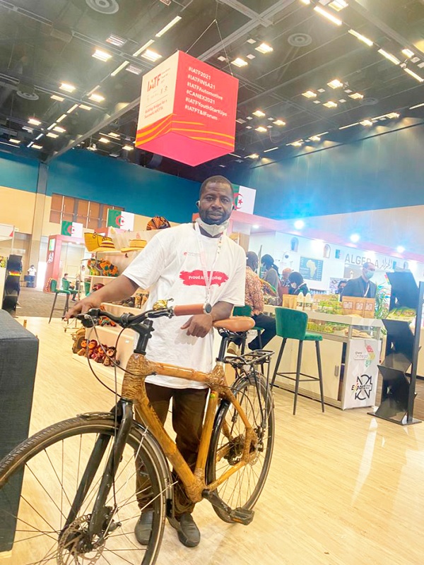 Mr Kwabena Danso displaying one of his bicycles with bamboo frames Mr Kwabena Danso displaying one of his bicycles with bamboo frames