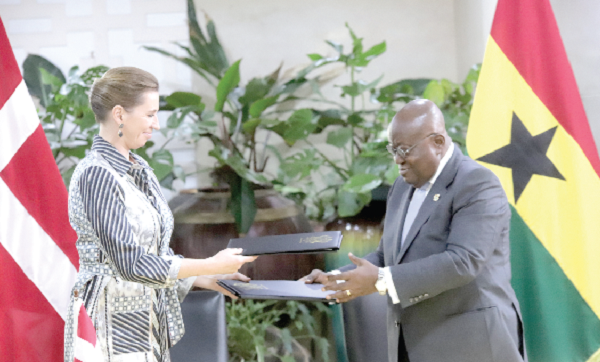 President Akufo-Addo exchanging documents with Mrs Mette Frederiksen (left), the Prime Minister of Denmark. Picture: SAMUEL TEI ADANO President Akufo-Addo exchanging documents with Mrs Mette Frederiksen (left), the Prime Minister of Denmark. Picture: SAMUEL TEI ADANO